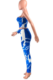 Royal Blue Sexy Patchwork Tie-dye One Shoulder Long Sleeve Two Pieces