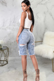 Blue Denim Zipper Fly Button Fly High washing Hole Zippered Pocket Straight Capris Shorts
