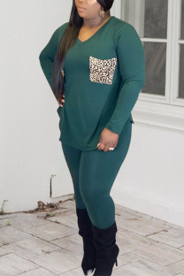 Green Sportswear Print Patchwork O Neck Plus Size 