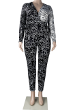 Black Sexy Print Patchwork V Neck Plus Size Jumpsuits