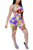 Blue Fashion Casual adult Patchwork Print Tie Dye Burn-out Two Piece Suits Lips Print pencil Sleeveless Two Pieces