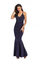 Navy Blue Fashion adult Sexy Spaghetti Strap Sleeveless Slip Slim Dress Floor-Length Patchwork Solid
