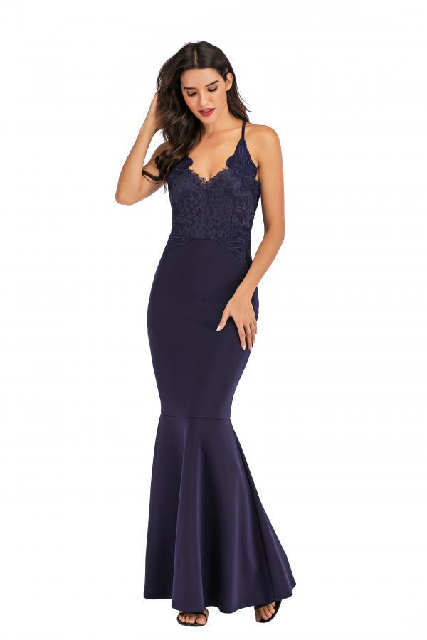 Navy Blue Fashion adult Sexy Spaghetti Strap Sleeveless Slip Slim Dress Floor-Length Patchwork Solid