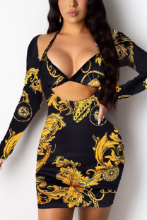 Black British Style Print U Neck Pencil Skirt Dresses