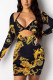 Black British Style Print U Neck Pencil Skirt Dresses