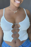 White Sexy Print Hollowed Out Spaghetti Strap Tops