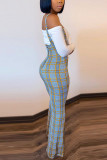 Navy Blue Fashion Sexy adult Ma'am Plaid Patchwork Solid Two Piece Suits Boot Cut Long Sleeve Two Pieces