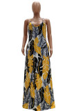 Blue Fashion Casual adult Red Blue Yellow Spaghetti Strap Sleeveless V Neck Swagger Floor-Length Print Patchwork Dresses