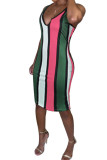 Red Fashion Sexy Red Blue Pink Yellow Wine Red Navy Blue Tank Sleeveless V Neck Hip skirt Knee-Length Striped Dresses
