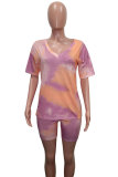 Dark Blue Fashion Sexy adult Patchwork Print Tie Dye Two Piece Suits Straight Short Sleeve Two Pieces