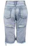 Blue Denim Zipper Fly Button Fly High washing Hole Zippered Pocket Straight Capris Shorts