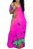 Sky Blue Milk. Fashion adult Ma'am Street Cap Sleeve Short Sleeves V Neck Pencil Dress Floor-Length Tie and dye Dresses