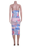 Light Blue Fashion Sexy Print Backless Spaghetti Strap Sleeveless Dress Dresses