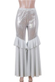 White Elastic Fly Mid Sequin Solid Loose Pants