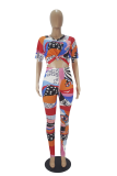 Multicolor Casual Print Patchwork O Neck Short Sleeve Two Pieces
