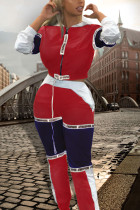 Red and black Fashion Active adult Ma'am Patchwork contrast color Two Piece Suits pencil Long Sleeve Two Pieces