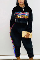 Black OL Fashion adult Solid Two Piece Suits Patchwork Sequin pencil Long Sleeve Two-piece Pant