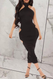 Black Sexy Solid Hollowed Out Halter Pencil Skirt Dresses