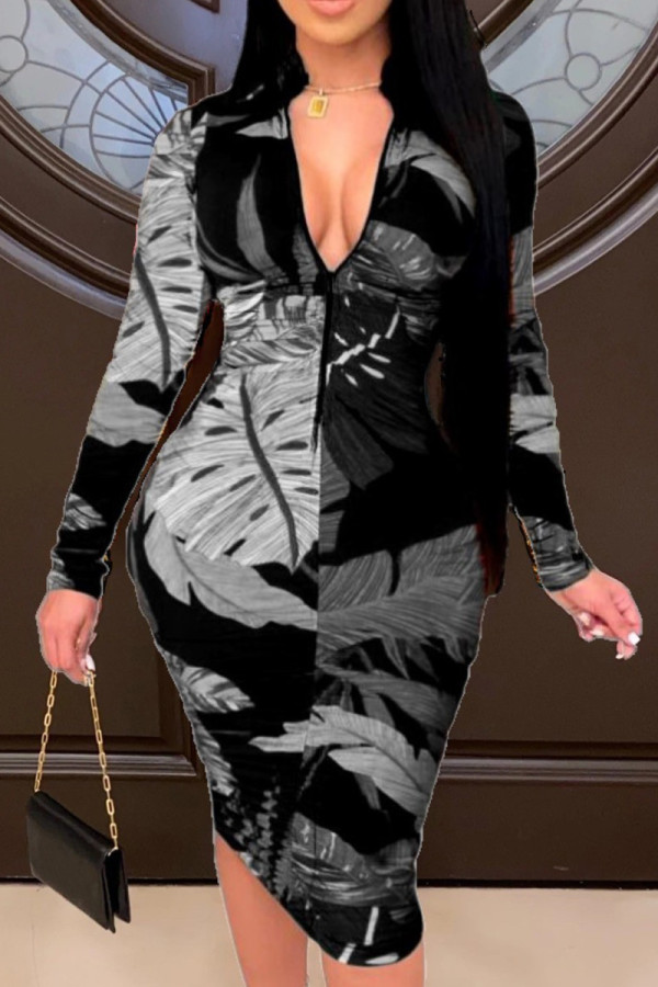 Black Fashion Casual Print Basic Zipper Collar Printed Dress