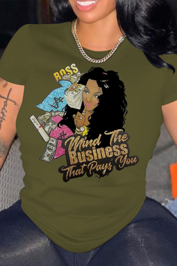 Grass Green Casual Print Patchwork O Neck T-Shirts