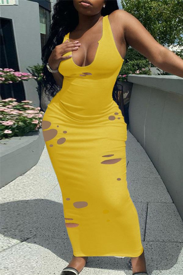 Yellow Fashion Sexy Solid Ripped Hollowed Out V Neck Vest Dress