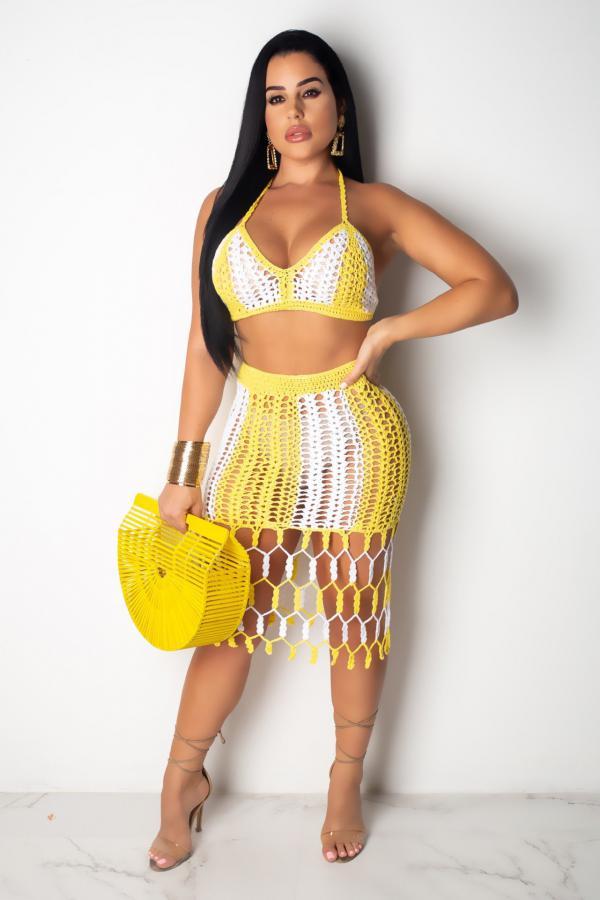 Yellow Sexy Fashion adult Geometric Two Piece Suits HOLLOWED OUT Patchwork Hole Regular Sleeveles