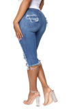 Blue Denim Button Fly Mid Patchwork Solid Hole washing Old Straight Capris Bottoms
