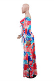 Pink Fashion Sexy Print Hollowed Out Slit Off the Shoulder Long Sleeve Dresses