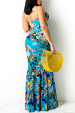 Blue Fashion Sexy Print Hollowed Out Backless Halter Sling Dress