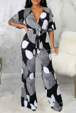 Black Casual Print Patchwork V Neck Regular Jumpsuits