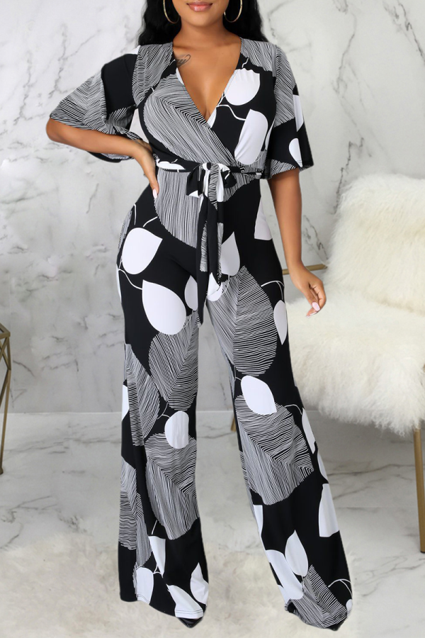 Black Casual Print Patchwork V Neck Regular Jumpsuits