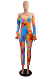 Orange Fashion Sexy Print Bateau Neck Skinny Jumpsuits