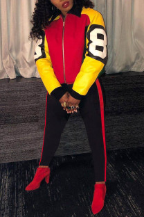 Red Casual Sportswear Print Patchwork Zipper Collar Long Sleeve Two Pieces