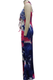 Rose Red Sexy Patchwork Hollowed Out Tie-dye Halter Cake Skirt Dresses