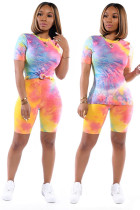 Yellow Casual Patchwork Print Gradient contrast color pencil Short Sleeve Two Pieces