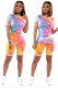 Yellow Casual Patchwork Print Gradient contrast color pencil Short Sleeve Two Pieces