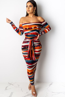 Orange OL Cap Sleeve Long Sleeves One word collar Hip skirt Ankle-Length Striped Club Dresses
