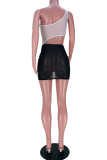 Black White Sexy Solid Mesh One Shoulder Pencil Skirt Dresses