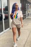 Khaki Casual Fashion Two Piece Suits Rainbow Solid Regular Short Sleeve Two-Piece Short Set