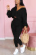 Black Fashion Patchwork Solid Asymmetrical V Neck Long Sleeve Two Pieces