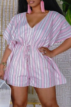 Pink Fashion Casual Striped Print Basic V Neck Regular Romper