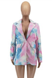 Colour Fashion Casual Print Tie Dye Patchwork Turndown Collar Outerwear