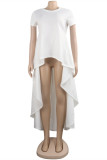 White Fashion Casual Solid Asymmetrical O Neck Tops