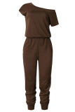 Coffee Sexy Fashion Solid Patchwork Short Sleeve one shoulder collar Jumpsuits