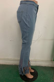 Blue Denim Button Fly Sleeveless Mid Patchwork Solid Tassel Boot Cut Pants Bottoms
