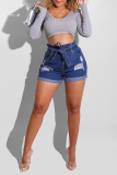 Blue Casual Solid Patchwork High Waist Regular Denim Shorts
