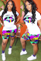 Green Fashion Active Casual O Neck Letter Camouflage Lips Print Plus Size