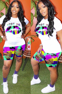 Green Fashion Active Casual O Neck Letter Camouflage Lips Print Plus Size