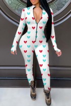 White Fashion Living Print Basic Zipper Collar Skinny Jumpsuits