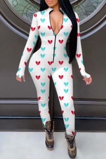 White Fashion Living Print Basic Zipper Collar Skinny Jumpsuits